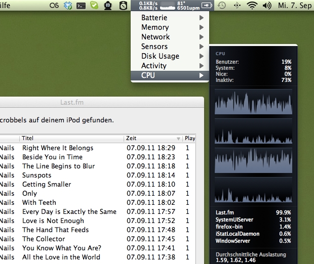 Screenshot iStat Menus 3 mit Last.fm 